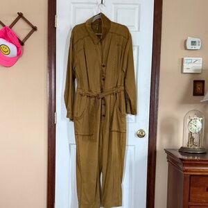 Free People Tan Button-Front Jumpsuit